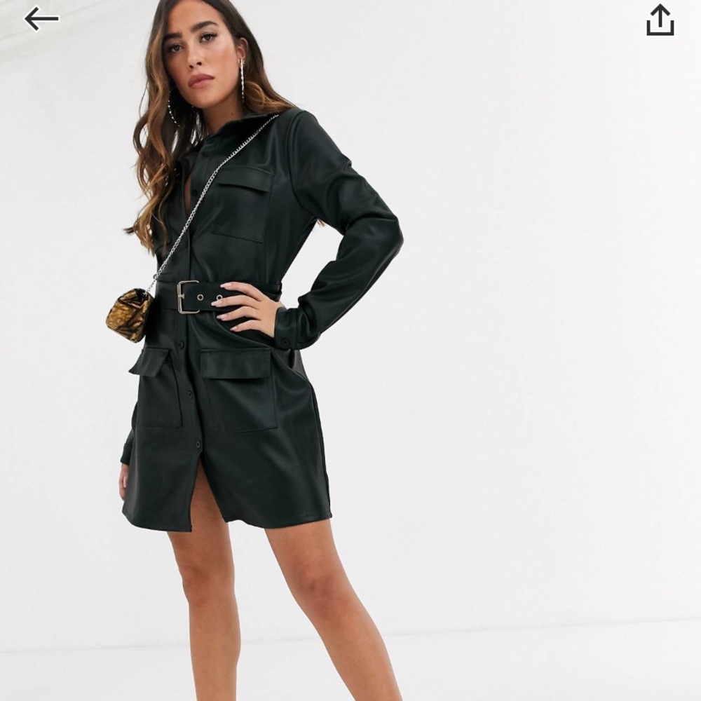 faux leather belted shirt dress